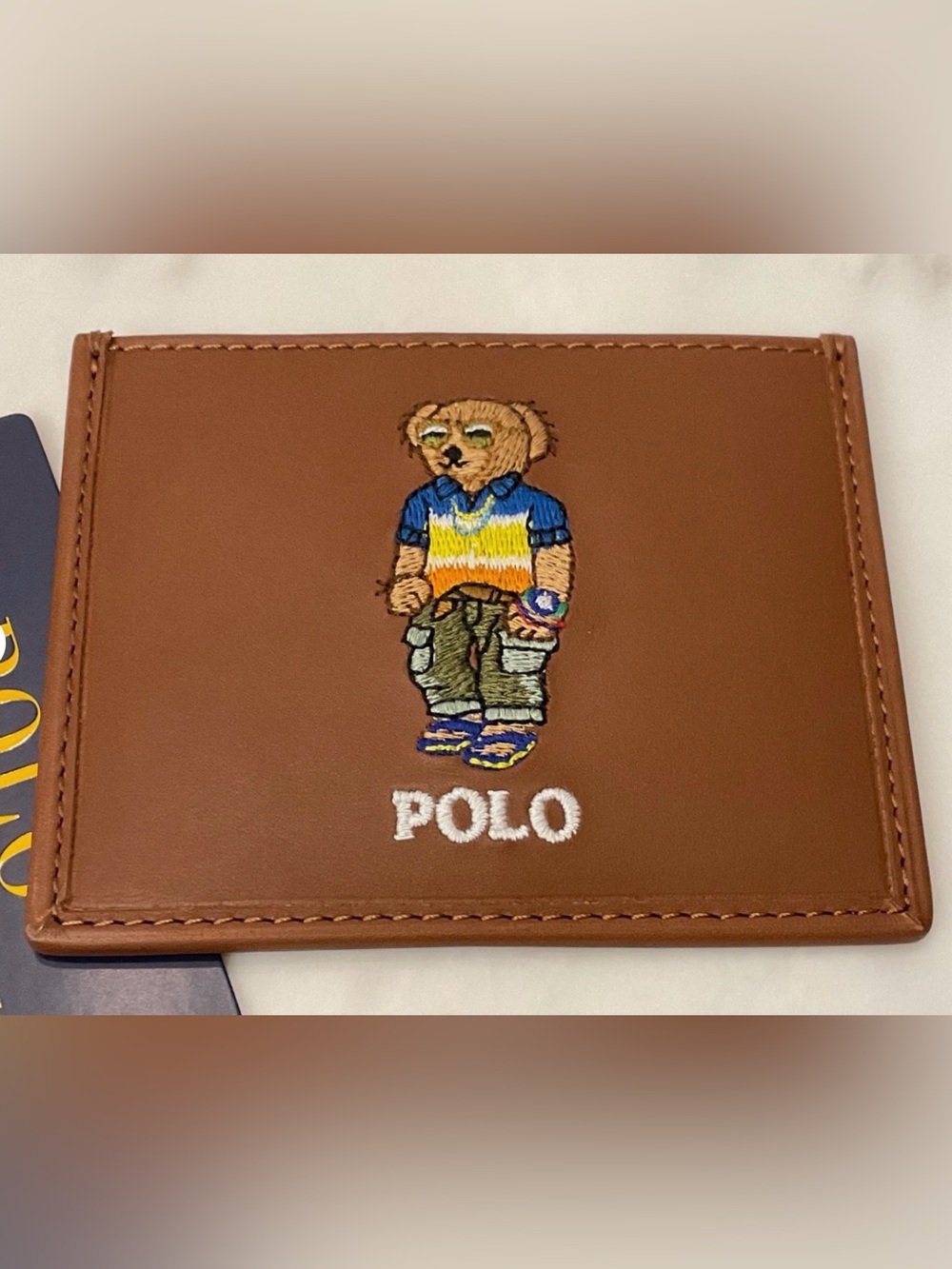 NEW Polo Ralph Lauren BEACH SHOP BEAR Leather Slim Card Case Wallet - TAN - Picture 2 of 4